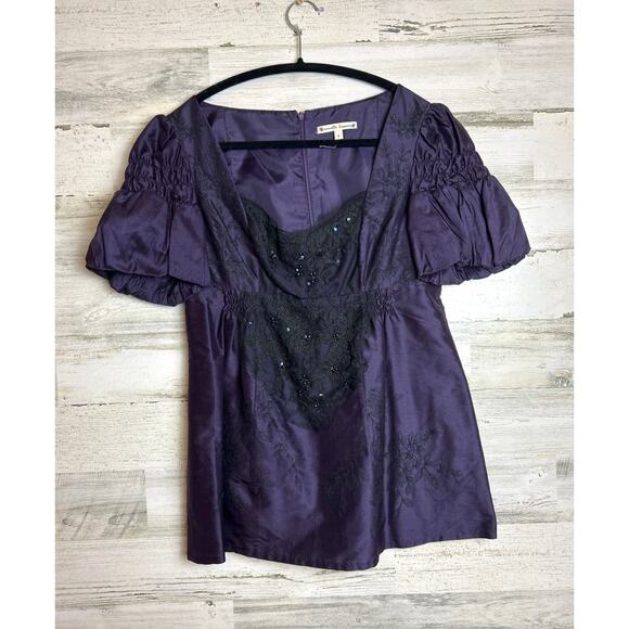 Nanette Lepore Women’s 6 Purple Silk Black Lace top blouse Beaded Puff Sleeve - Picture 1 of 4